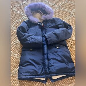 Crewcuts Navy fishtail parka Jacket with Purple Fur Trim- primaloft